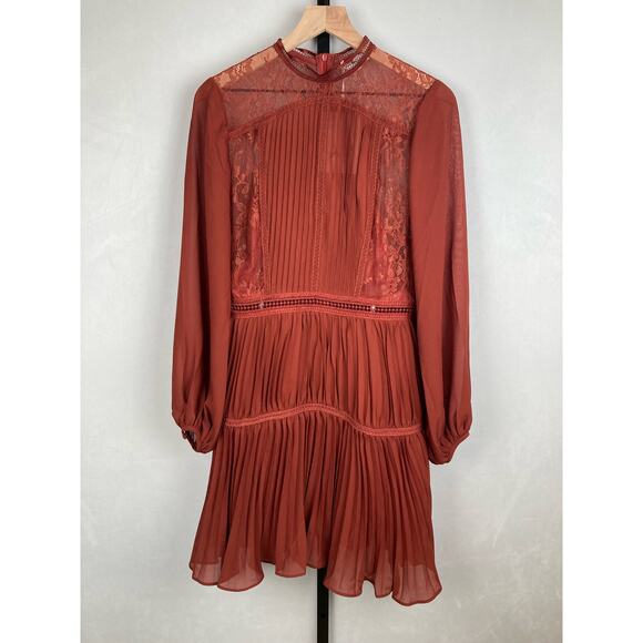 True Decadence Lena Burgundy Lace Pleated Mini Dress Sz US 8/UK 12 NWT Sheer - Picture 3 of 14